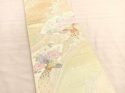 平和屋着物◎六通柄袋帯　唐織　孔雀地紙花文　金銀糸　正絹　逸品　BAAV3477hv