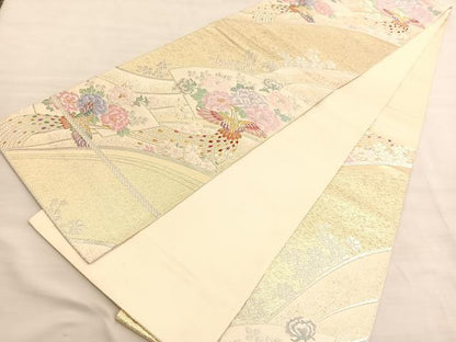 平和屋着物◎六通柄袋帯　唐織　孔雀地紙花文　金銀糸　正絹　逸品　BAAV3477hv