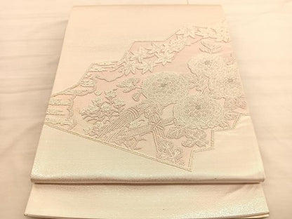 平和屋着物◎太鼓柄袋帯　総刺繍　籬秋草文　銀糸　正絹　逸品　BAAV3513hv