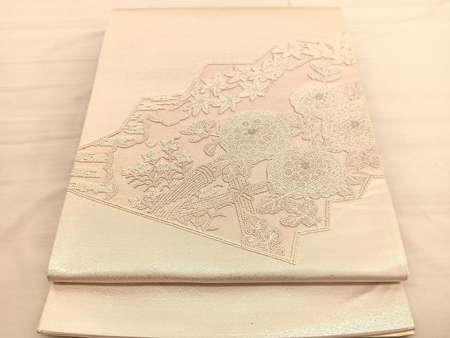 平和屋着物◎太鼓柄袋帯　総刺繍　籬秋草文　銀糸　正絹　逸品　BAAV3513hv