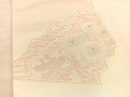 平和屋着物◎太鼓柄袋帯　総刺繍　籬秋草文　銀糸　正絹　逸品　BAAV3513hv