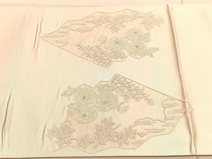 平和屋着物◎太鼓柄袋帯　総刺繍　籬秋草文　銀糸　正絹　逸品　BAAV3513hv