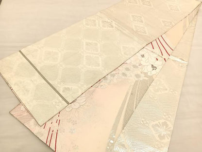 平和屋着物◎両面　全通柄袋帯　唐織　草花文　銀糸　正絹　逸品　BAAV3521hv