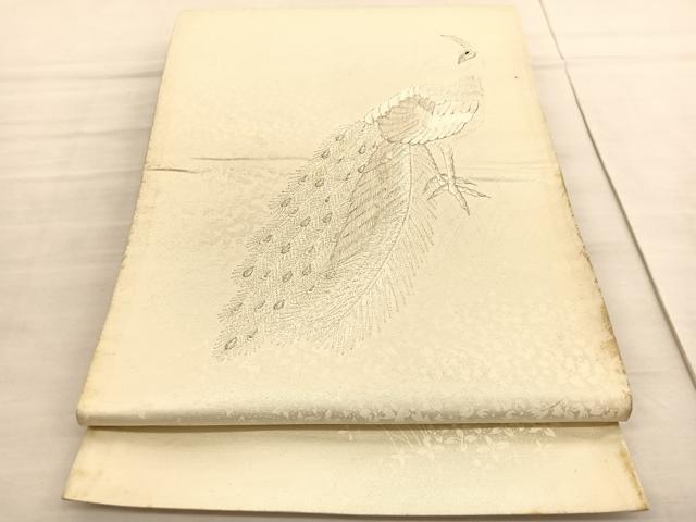 平和屋着物◎太鼓柄袋帯 総刺繍 孔雀 銀糸 正絹 逸品 BAAV3526hv