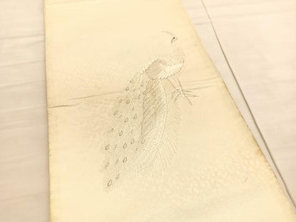 平和屋着物◎太鼓柄袋帯 総刺繍 孔雀 銀糸 正絹 逸品 BAAV3526hv