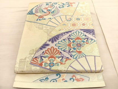 平和屋着物◎六通柄袋帯　唐織　花喰い鳳凰扇面花文　金銀糸　正絹　逸品　BAAV3562hv