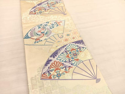 平和屋着物◎六通柄袋帯　唐織　花喰い鳳凰扇面花文　金銀糸　正絹　逸品　BAAV3562hv