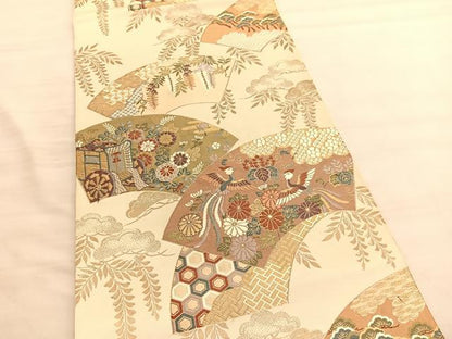 平和屋着物◎六通柄袋帯　唐織　鳳凰扇慶長小袖　金糸　正絹　逸品　BAAV3572hv