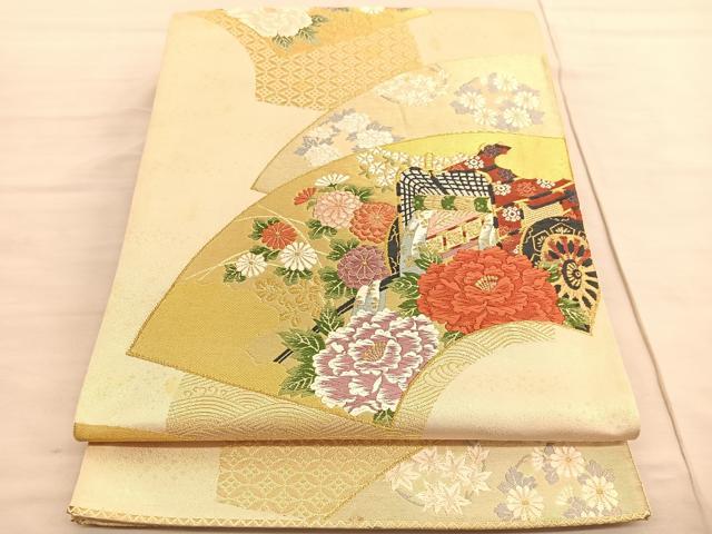 平和屋着物◎六通柄袋帯　唐織　地紙御所車花文　金糸　正絹　逸品　BAAV3588hv