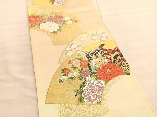 平和屋着物◎六通柄袋帯　唐織　地紙御所車花文　金糸　正絹　逸品　BAAV3588hv