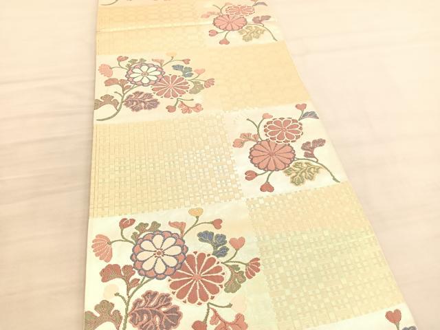 平和屋着物◎六通柄袋帯　能衣　格子菊文様　金銀糸　正絹　逸品　BAAV3589hv