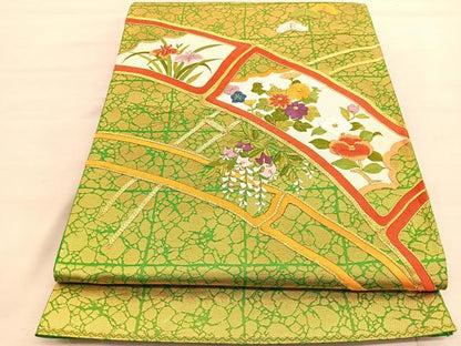 平和屋着物◎太鼓柄袋帯 総刺繍 駒刺繍 竹松花文 金糸 正絹 逸品 BAAV3599hv