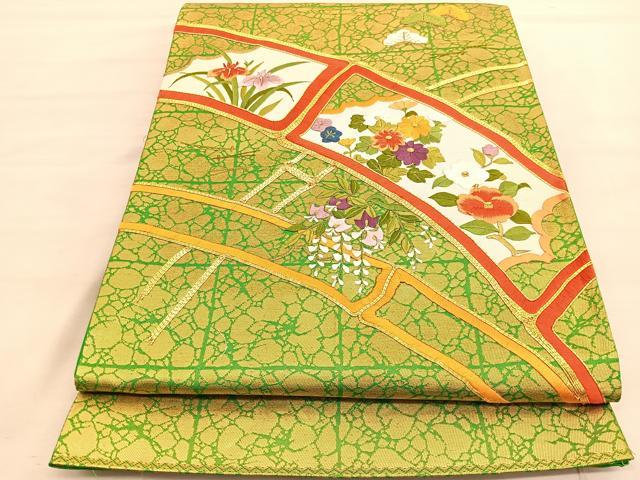 平和屋着物◎太鼓柄袋帯 総刺繍 駒刺繍 竹松花文 金糸 正絹 逸品 BAAV3599hv