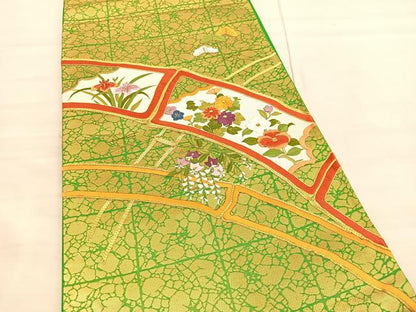 平和屋着物◎太鼓柄袋帯 総刺繍 駒刺繍 竹松花文 金糸 正絹 逸品 BAAV3599hv