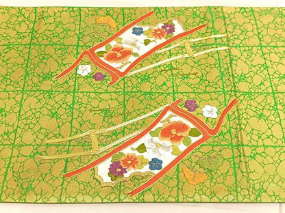 平和屋着物◎太鼓柄袋帯 総刺繍 駒刺繍 竹松花文 金糸 正絹 逸品 BAAV3599hv