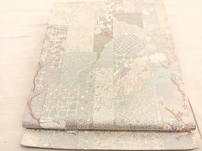 平和屋着物◎六通柄袋帯　唐織　短冊人物風景花文　プラチナ箔　正絹　逸品　BAAV3630hv