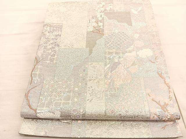 平和屋着物◎六通柄袋帯　唐織　短冊人物風景花文　プラチナ箔　正絹　逸品　BAAV3630hv