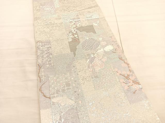 平和屋着物◎六通柄袋帯　唐織　短冊人物風景花文　プラチナ箔　正絹　逸品　BAAV3630hv
