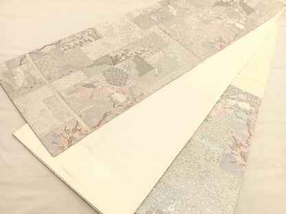 平和屋着物◎六通柄袋帯　唐織　短冊人物風景花文　プラチナ箔　正絹　逸品　BAAV3630hv