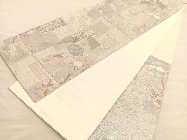 平和屋着物◎六通柄袋帯　唐織　短冊人物風景花文　プラチナ箔　正絹　逸品　BAAV3630hv