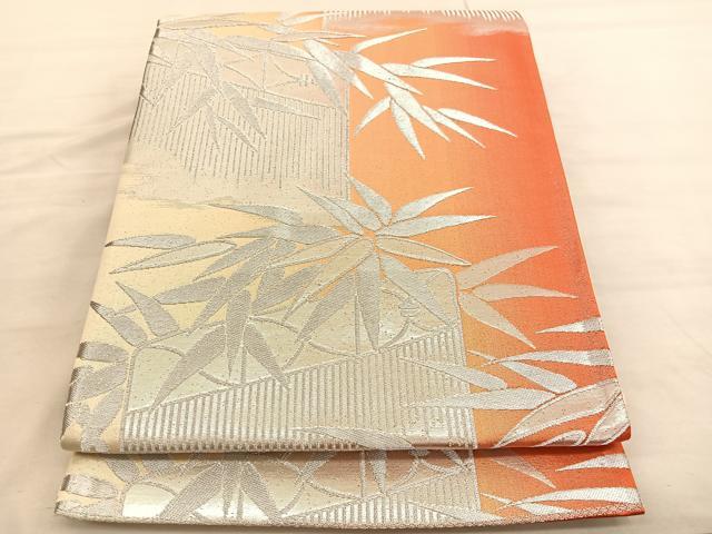 平和屋着物◎六通柄袋帯　笹竹文　銀糸　正絹　逸品　BAAV3633hv