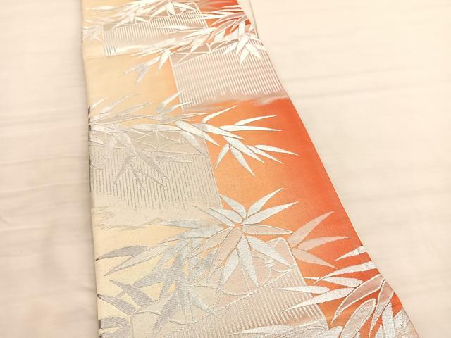 平和屋着物◎六通柄袋帯　笹竹文　銀糸　正絹　逸品　BAAV3633hv