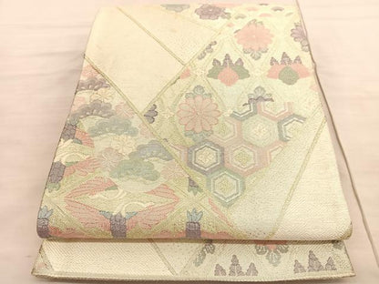 平和屋着物◎佐賀錦　六通柄袋帯　双鶴立涌花文　金銀糸　正絹　逸品　BAAV3651hv