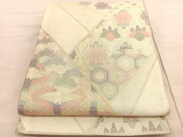 平和屋着物◎佐賀錦　六通柄袋帯　双鶴立涌花文　金銀糸　正絹　逸品　BAAV3651hv