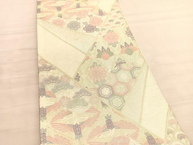 平和屋着物◎佐賀錦　六通柄袋帯　双鶴立涌花文　金銀糸　正絹　逸品　BAAV3651hv