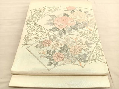 平和屋着物◎太鼓柄袋帯　総刺繍　駒刺繍　地紙花文　引箔　正絹　逸品　BAAV3684hv