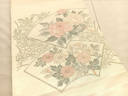 平和屋着物◎太鼓柄袋帯　総刺繍　駒刺繍　地紙花文　引箔　正絹　逸品　BAAV3684hv
