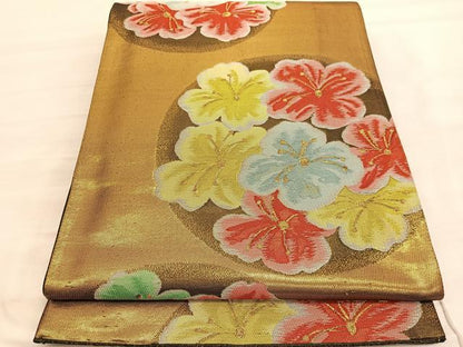 平和屋着物◎六通柄袋帯　花丸文　金糸　引箔　正絹　逸品　BAAV3692hv