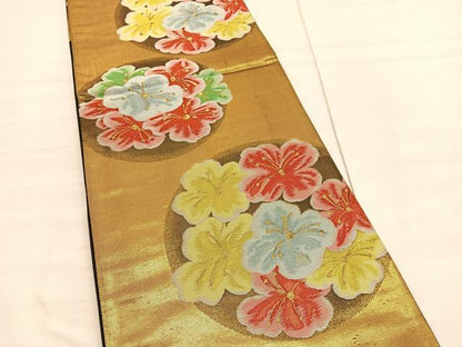 平和屋着物◎六通柄袋帯　花丸文　金糸　引箔　正絹　逸品　BAAV3692hv