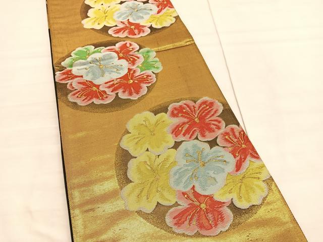平和屋着物◎六通柄袋帯　花丸文　金糸　引箔　正絹　逸品　BAAV3692hv