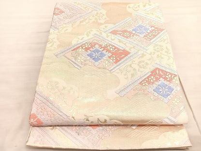 平和屋着物◎六通柄袋帯　唐織　雲取扇菱花唐草文　金銀糸　正絹　逸品　BAAV3707hv