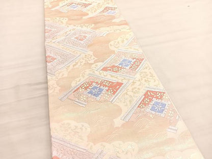 平和屋着物◎六通柄袋帯　唐織　雲取扇菱花唐草文　金銀糸　正絹　逸品　BAAV3707hv