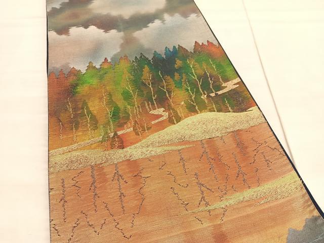 平和屋着物◎六通柄袋帯　紅葉風景文　金銀糸　引箔　正絹　逸品　BAAV3713hv