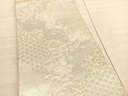平和屋着物◎六通柄袋帯　唐織　鉾道長花唐草文　銀糸　正絹　逸品　BAAV3728hv