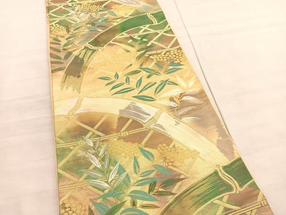 平和屋着物◎六通柄袋帯　籬南天文　金糸　引箔　正絹　逸品　BAAV3738hv