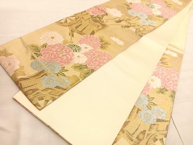 平和屋着物◎六通柄袋帯 唐織 御所車花文 金糸 正絹 逸品 BAAV3750hv