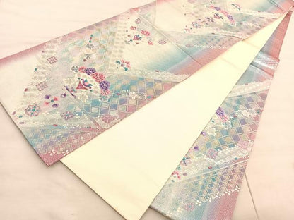 平和屋着物◎六通柄袋帯　唐織　飾花文　銀糸　正絹　逸品　BAAV3753hv