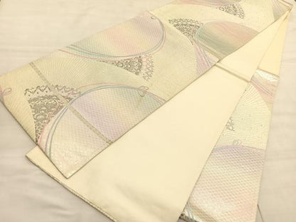 平和屋着物◎六通柄袋帯 結び紐羽根花文 銀糸 正絹 逸品 BAAV3754hv