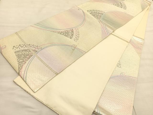 平和屋着物◎六通柄袋帯 結び紐羽根花文 銀糸 正絹 逸品 BAAV3754hv