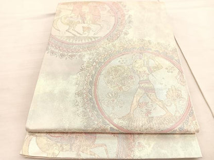 平和屋着物◎六通柄袋帯 狩猟丸文 銀糸 正絹 逸品 BAAV3767hv