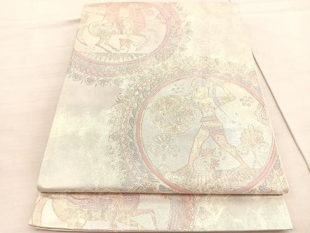 平和屋着物◎六通柄袋帯 狩猟丸文 銀糸 正絹 逸品 BAAV3767hv
