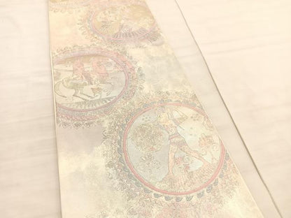 平和屋着物◎六通柄袋帯 狩猟丸文 銀糸 正絹 逸品 BAAV3767hv