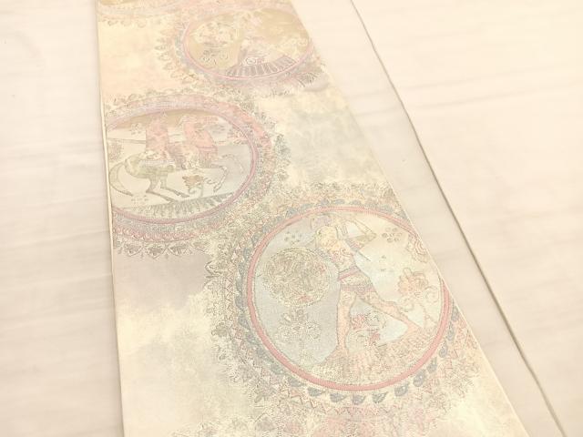 平和屋着物◎六通柄袋帯 狩猟丸文 銀糸 正絹 逸品 BAAV3767hv