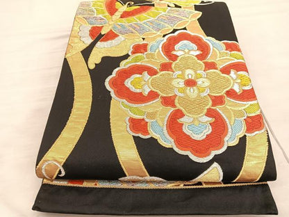 平和屋着物◎六通柄袋帯　唐織　立涌花蝶文　黒地　金銀糸　正絹　逸品　BAAV3770hv