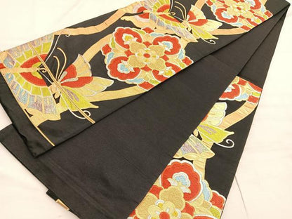 平和屋着物◎六通柄袋帯　唐織　立涌花蝶文　黒地　金銀糸　正絹　逸品　BAAV3770hv