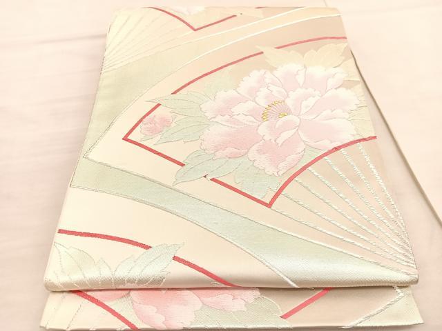 平和屋着物◎六通柄袋帯　唐織　扇面牡丹文　金銀糸　正絹　逸品　BAAV3776hv